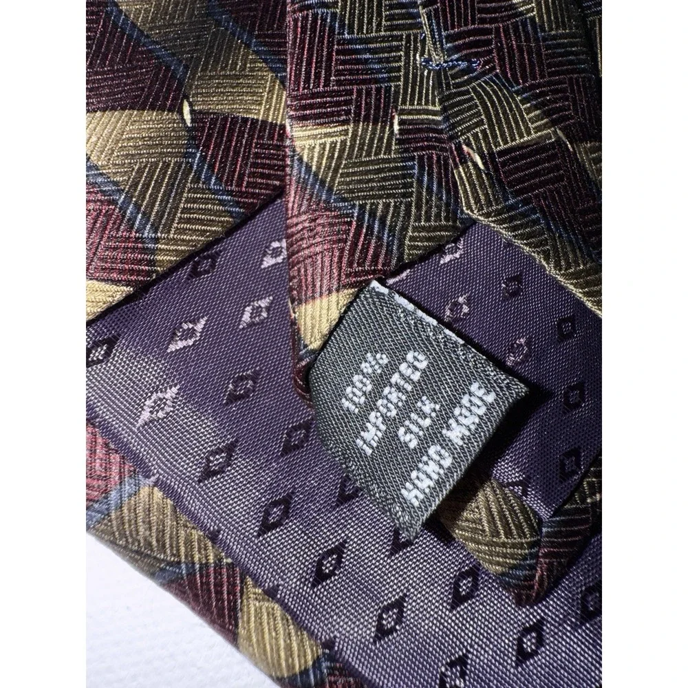 Louis Roth Men's Silk Tie Geometric Burgundy Gold Brown‎ Vintage Handmade Korea